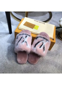 LV HOMEY FLAT MULE ROSE CLAIR FURRY SLIPPERS